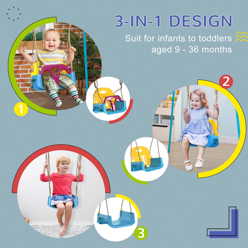 image 1 of Outsunny Swing Seat for Toddler, 3 in 1 Baby Swing with Seat Belt, Adjustable Ropes for Indoor, Outdoor, Playground, Garden, Seat Only, Light Blue | Blue | Sky Blue