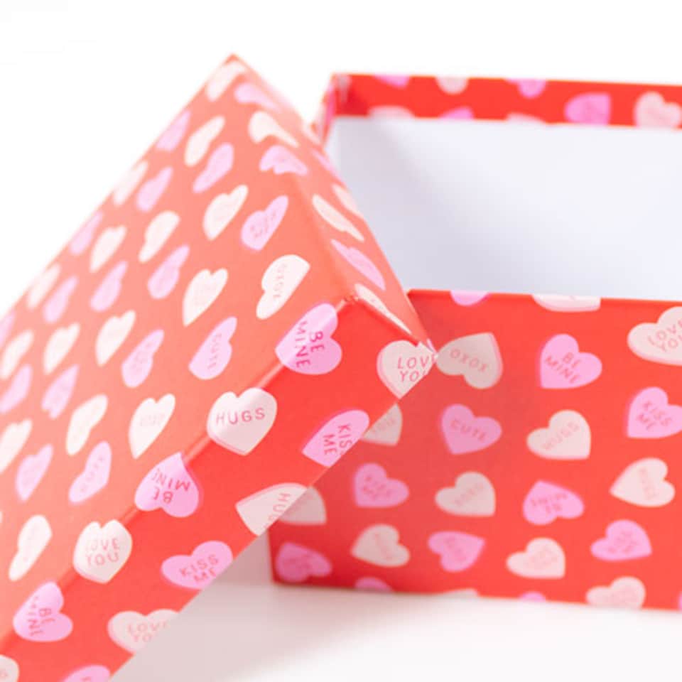 image 1 of Red with Sweet Phrases Love Hearts Valentine's Square Gift Box 16cm