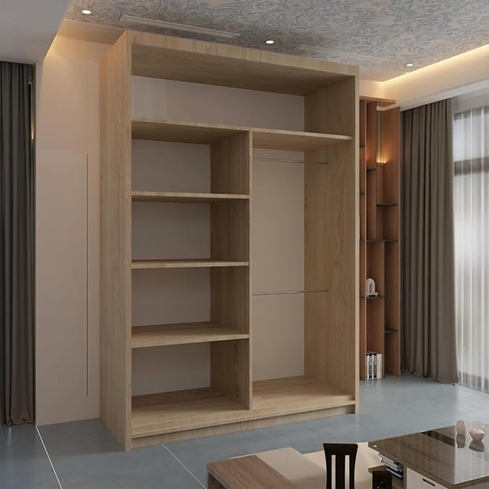 image 1 of Modern Sliding Wardrobe 120cm with Wavy Mirror Design | White, Black, Grey, Oak Finish Brown | Oak120cm