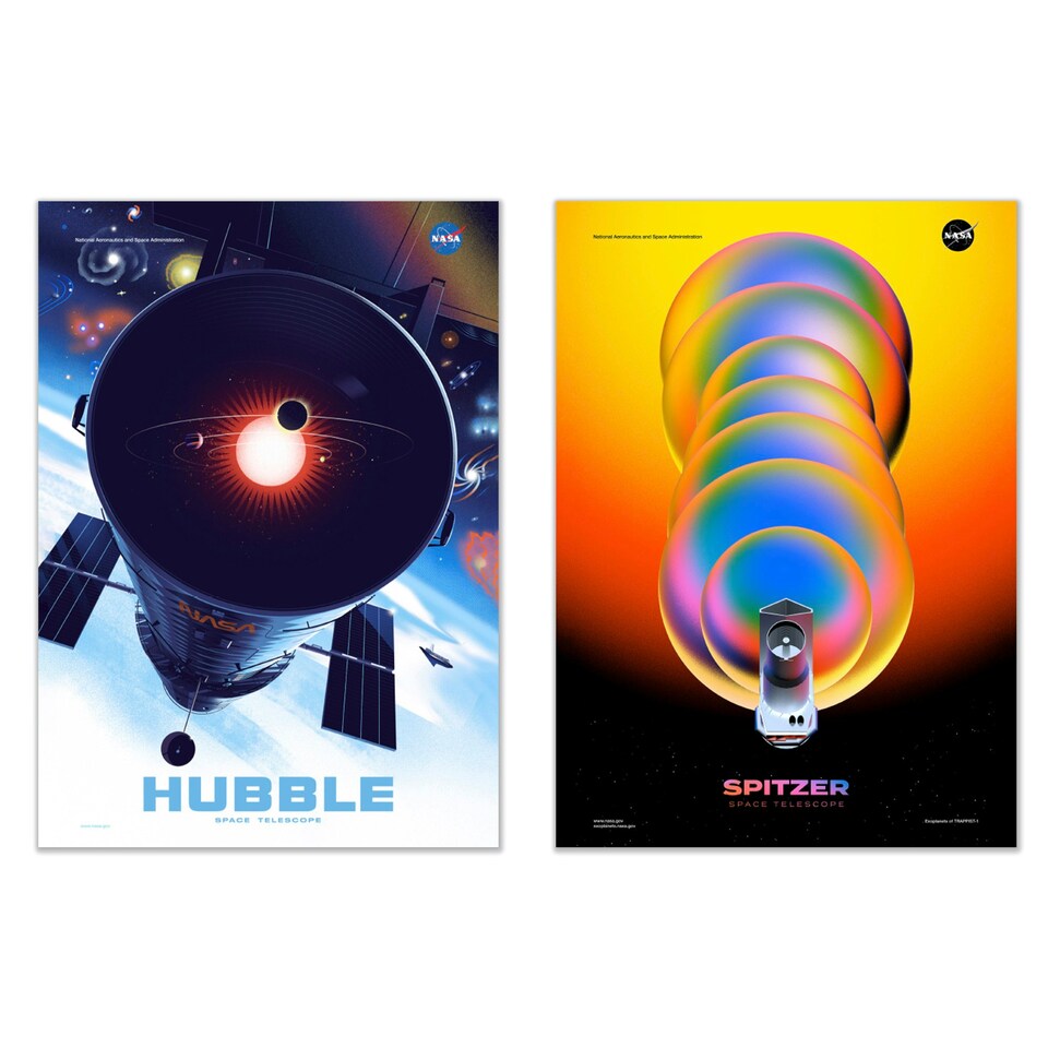 image 1 of Pack of 6 NASA Exoplanet Travel Bureau Telescopes Space Office Study Wall Art Print A4