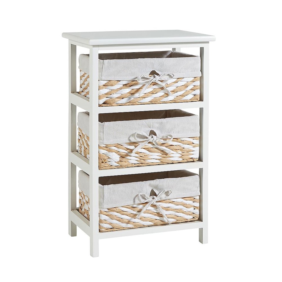 image 1 of Wooden Storage Unit 3 Drawer Wicker Basket Chest Organiser White Fully Assembled