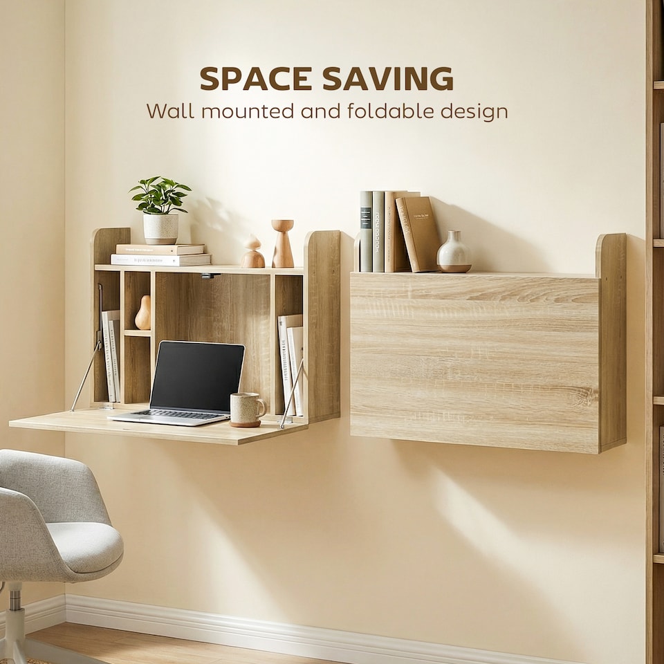 image 1 of HOMCOM Wall Mounted Table w/ Space Saving Storage Compartments