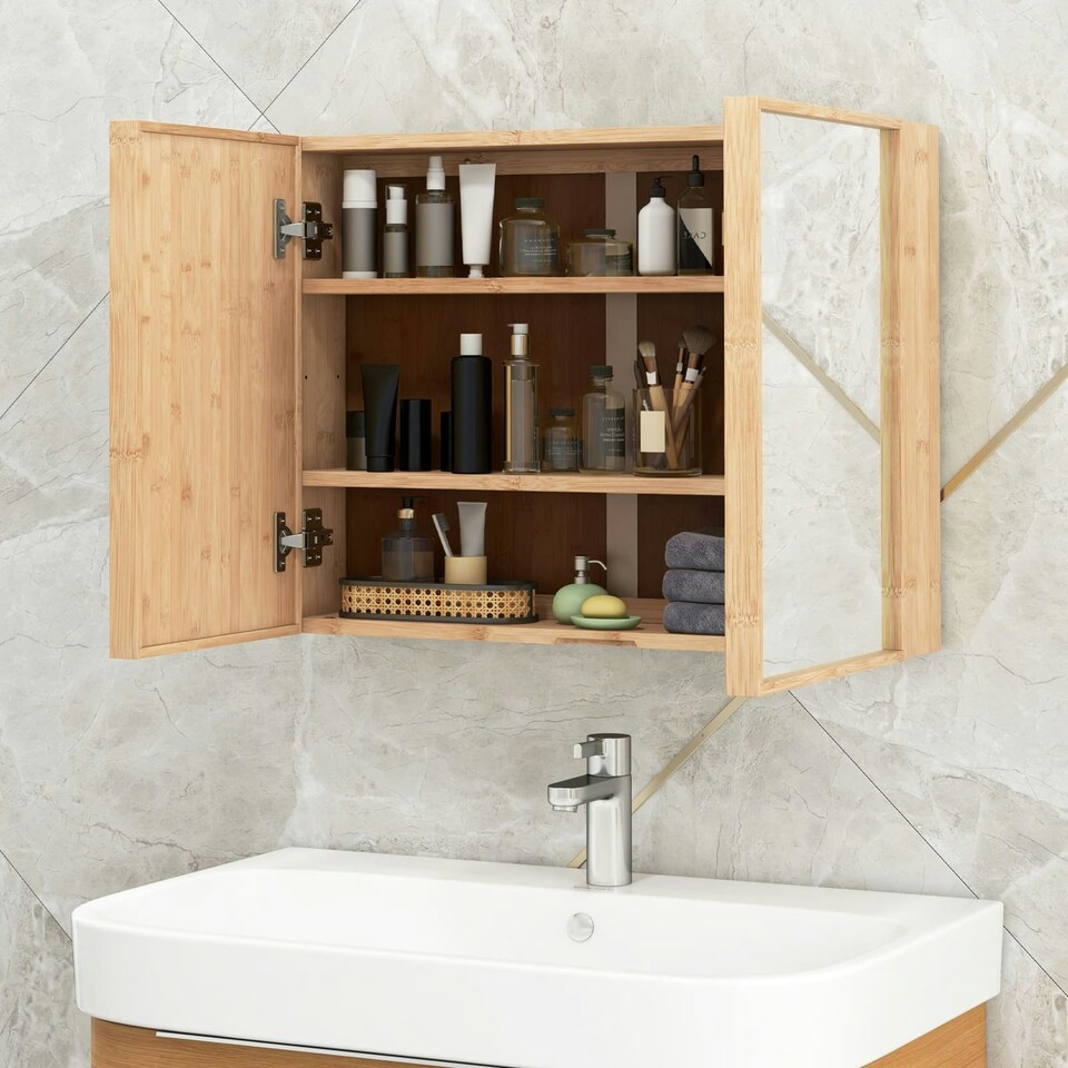 image 1 of COSTWAY Bathroom Wall Cabinet Double Door Medicine Storage Brown