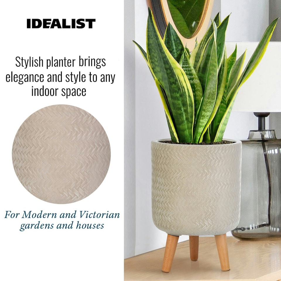image 1 of Plaited Style Beige Cylinder Planter on Legs, Round Pot Plant Stand Indoor D24 H35 cm, 8.7 ltrs Cap.