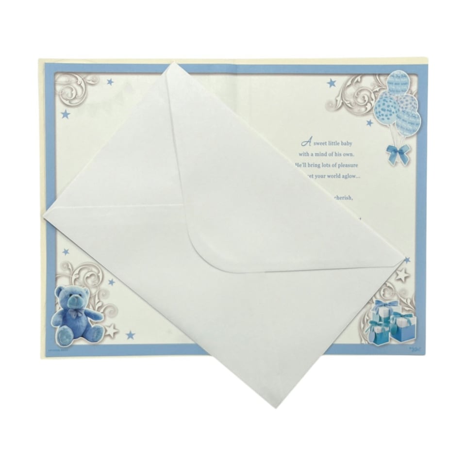 image 1 of On The Birth Of Baby Boy Blue Balloons And Teddy Design Opacity Congratulations Card