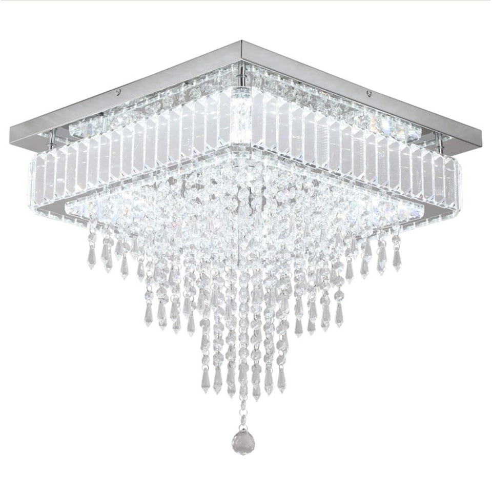image 1 of Crystal Square Chandelier LED Ceiling Light Silver Cool White 45cm