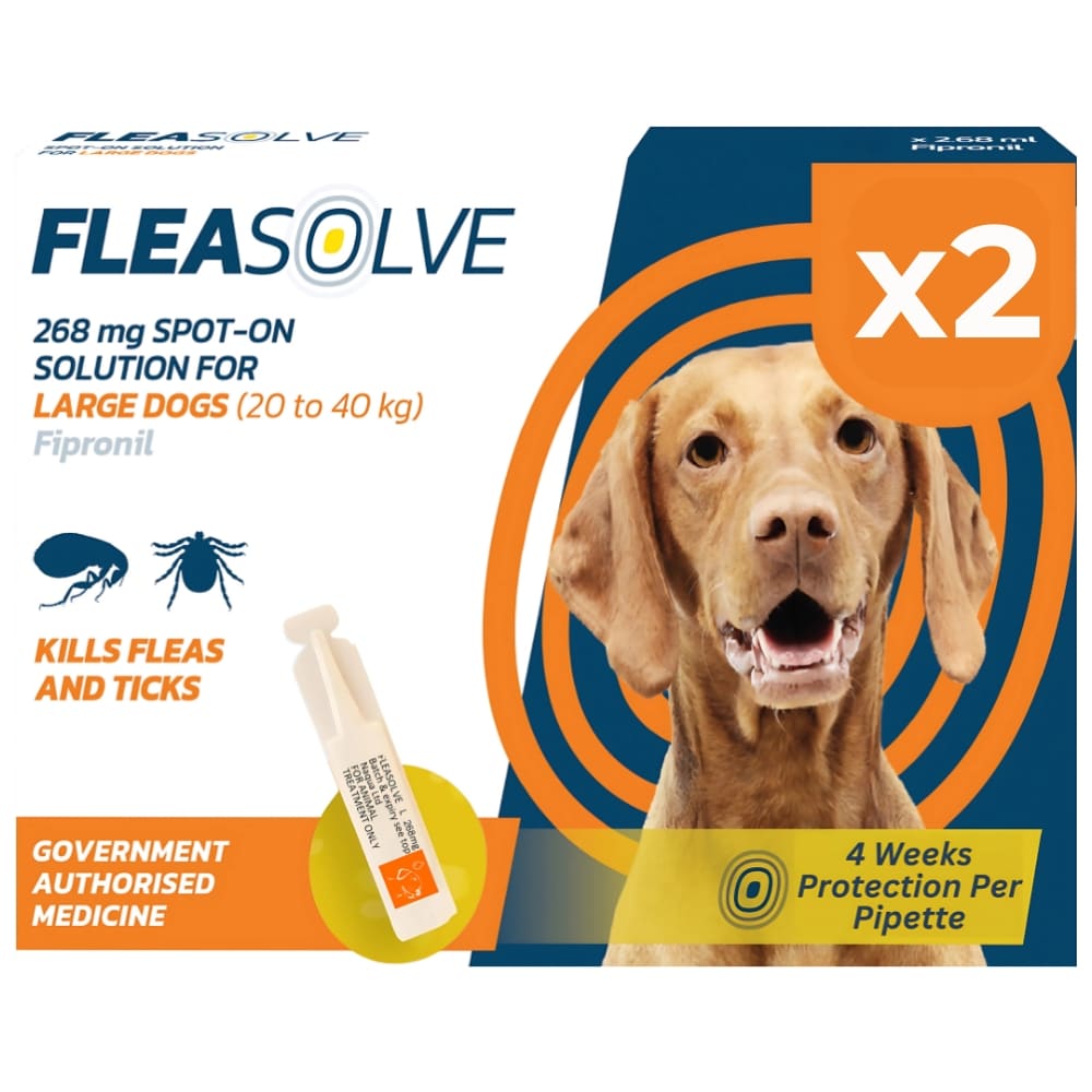 Dog Flea Treatment Large Dog x 2 - Spot on Flea Treatment for Dogs Large 20-40 kg - Fast Acting FleaSolve Solution 2 x Pipettes - 2 x Doses - Effective Spot-On Treatment