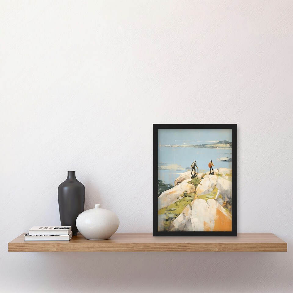 image 1 of Hikers Reach Summit At Last Oil Hiking Home Decor Black Framed Wall Art Print A4