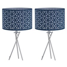 First Choice Lighting Set of 2 Chrome Tripod Table Lamps with Navy Blue Laser Cut Shades Chrome | Blue
