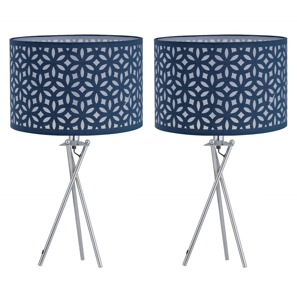 image 1 of First Choice Lighting Set of 2 Chrome Tripod Table Lamps with Navy Blue Laser Cut Shades Chrome | Blue