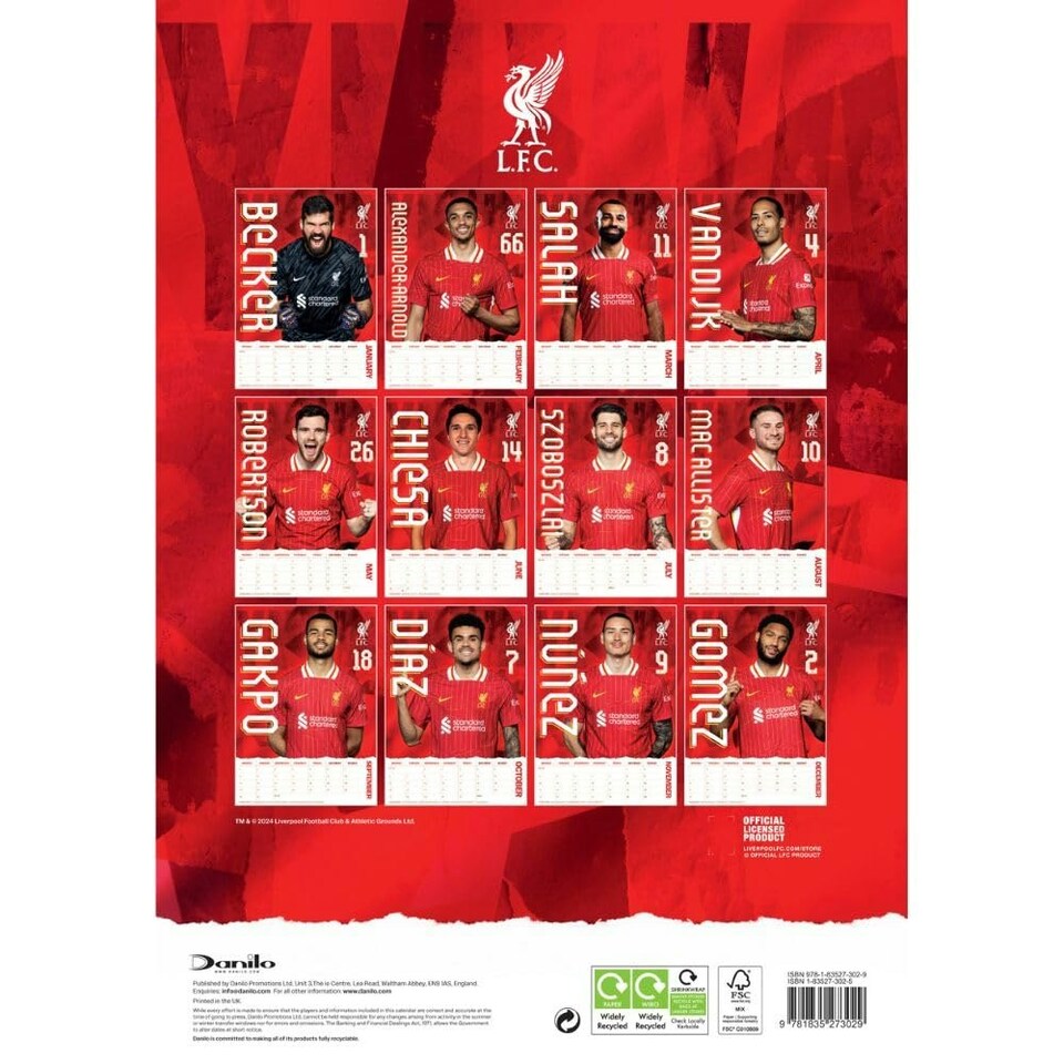 image 1 of Liverpool FC 2025 A3 Wall Calendar - Red/White/Black - One Size