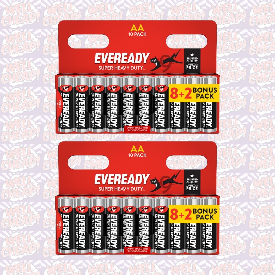 2x Eveready Super Heavy Duty AA Zinc Batteries - Pack of 10 (20x Batteries in total)