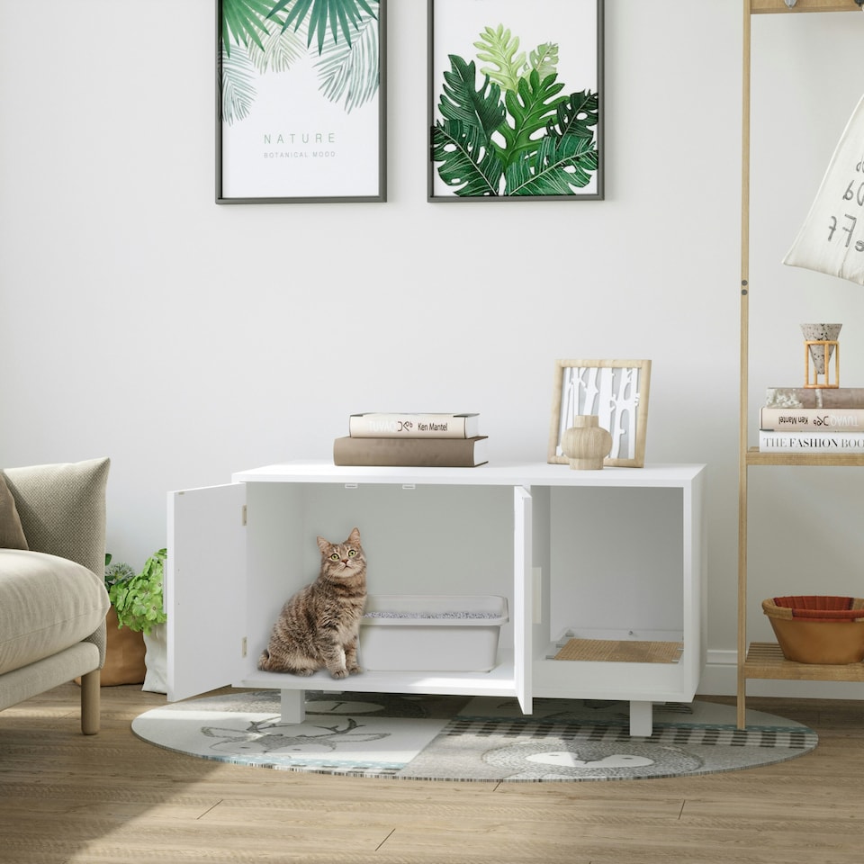 image 1 of PawHut Cat Litter Box Enclosure & House w/ Nightstand/End Table Design, White