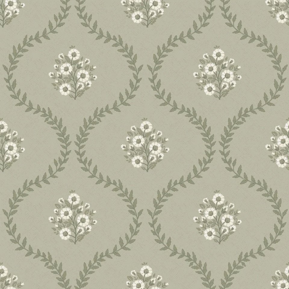 image 1 of Posy Trellis Wallpaper in Cream on Organic Green | Green | Cream on Organic Green