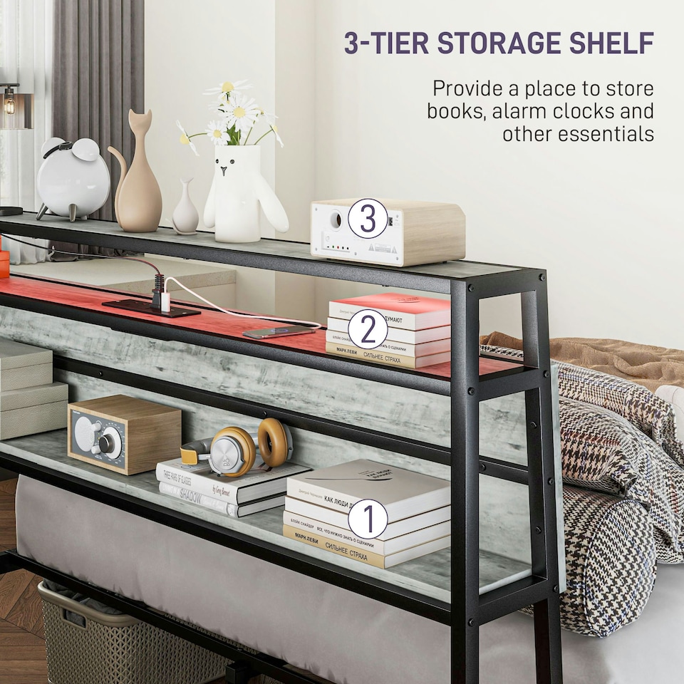 image 1 of HOMCOM LED King Bed Frame with Charging Station, 150 x 200cm, Cement Grey