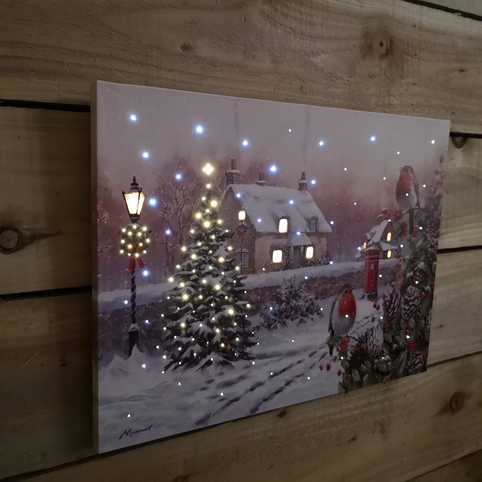 image 1 of H30cm x 40cm Christmas Scene With Robins Wall Art Canvas