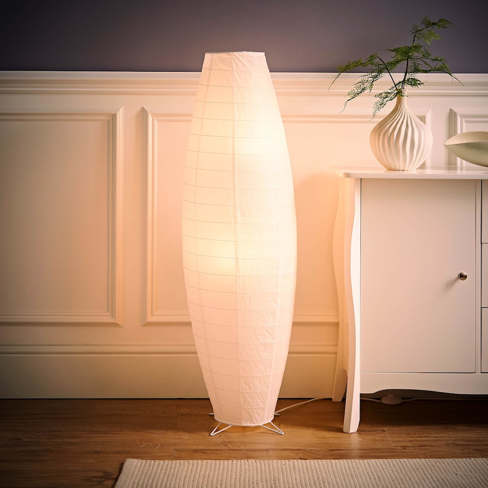 image 1 of ValueLights Isla White Paper Column Metal Base Floor Lamp | White