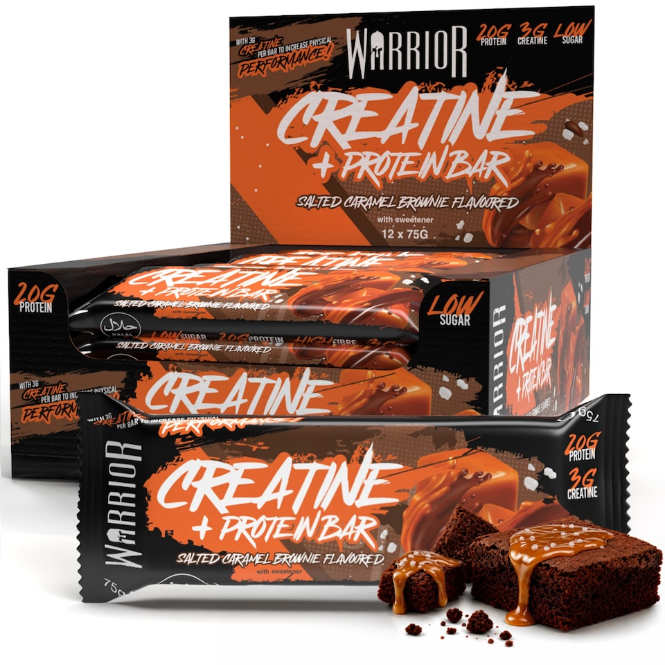 image 1 of Warrior Creatine  Protein Bars 12 x 75g – 20g High Protein Bar, 5g Creatine, Low Sugar High Fibre Oat  Bars, Meal Replacement Bars (Salted Caramel Brownie)