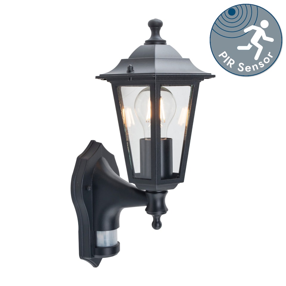 image 1 of Eversham - Black Six Sided Lantern Motion Sensor Outdoor Light | Black | Clear | 1
