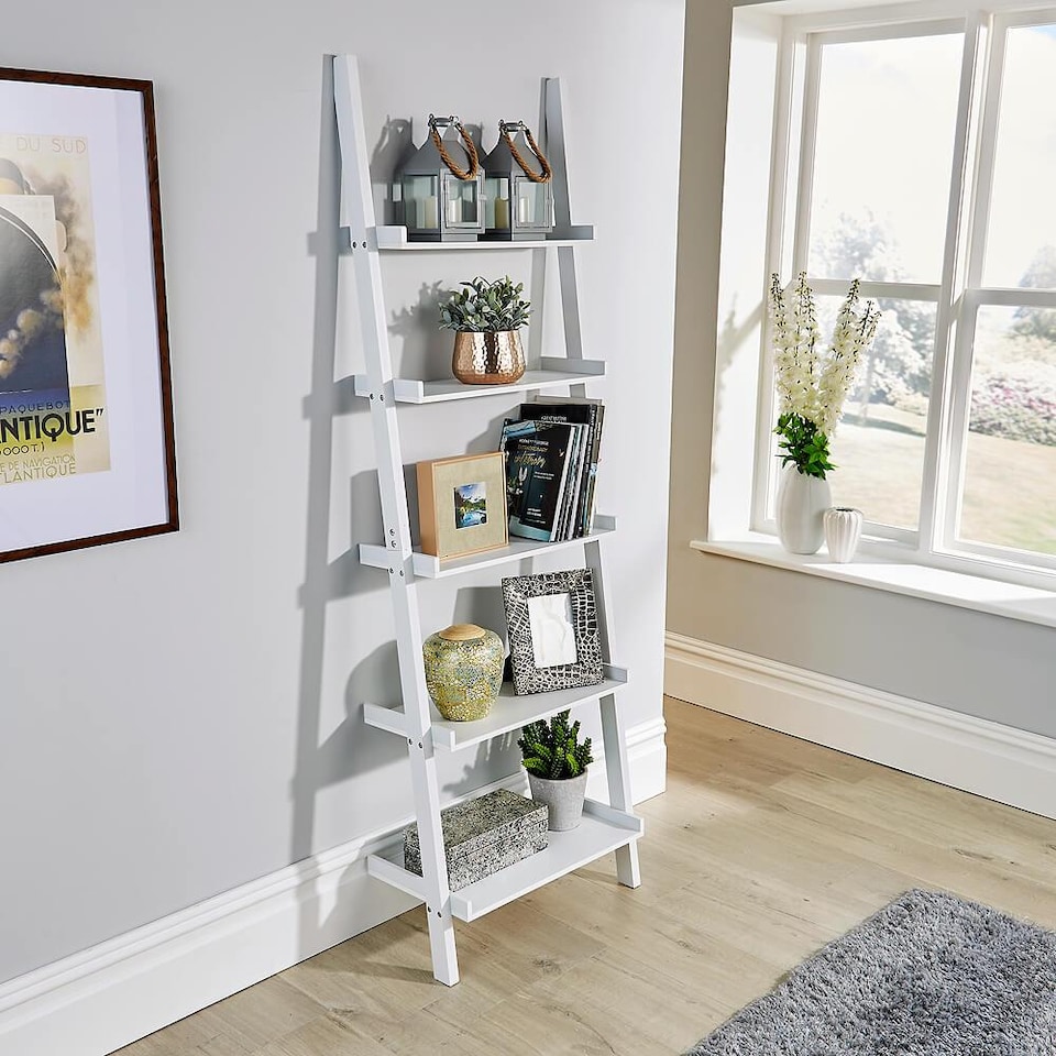 image 1 of Ladder Shelf Bookcase 3 or 5 Tier Storage Shelving Unit Display Stand | White