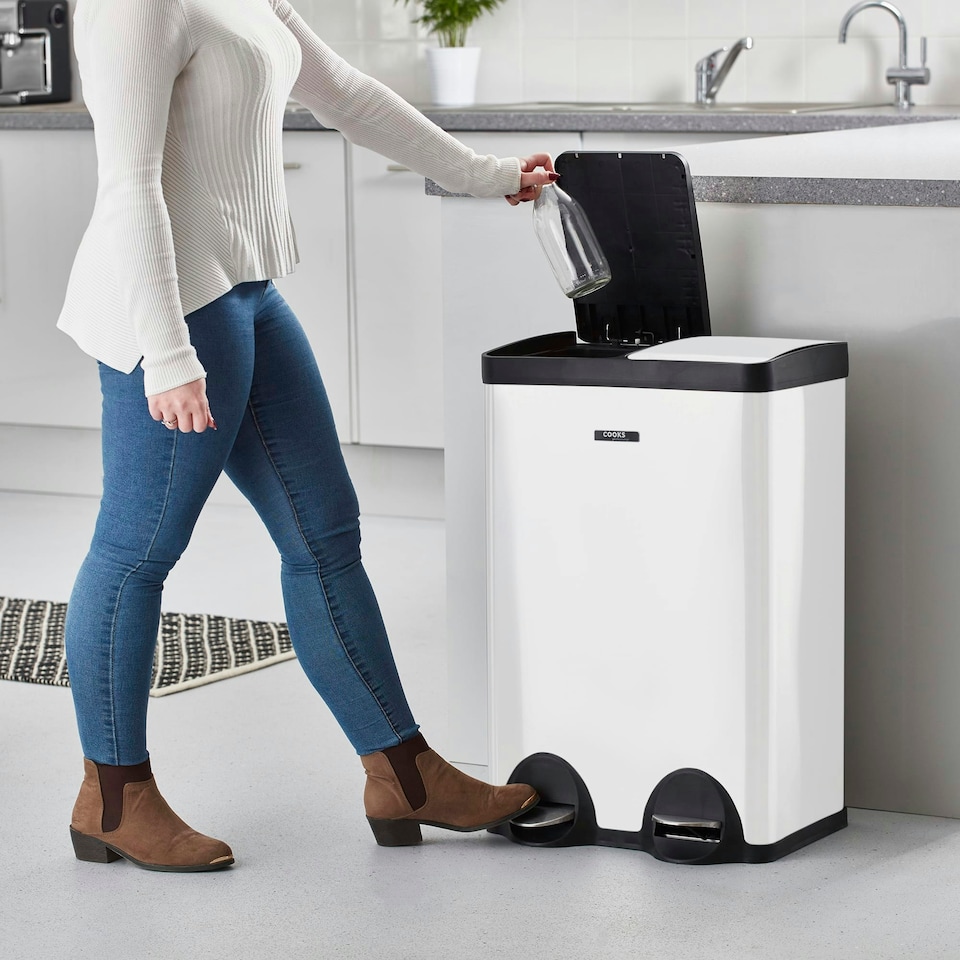 image 1 of Cooks Professional Dual Recycle Kitchen Pedal Bin 60L | Dual Pedal | 2 x 30L Removable Compartments | White