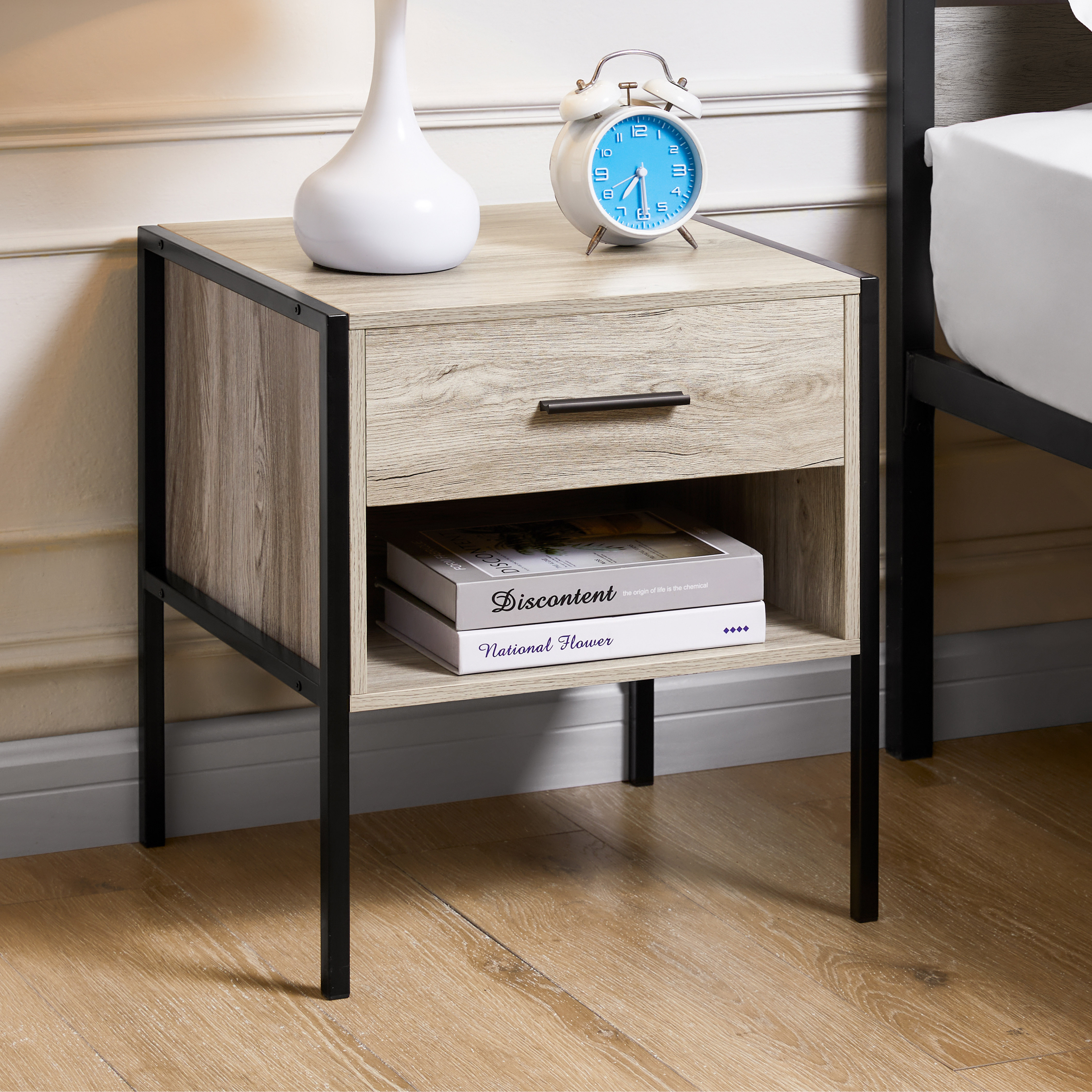 Vida Designs Brooklyn 1 Drawer Bedside Cabinet Industrial Cabinet Table Nightstand - Grey