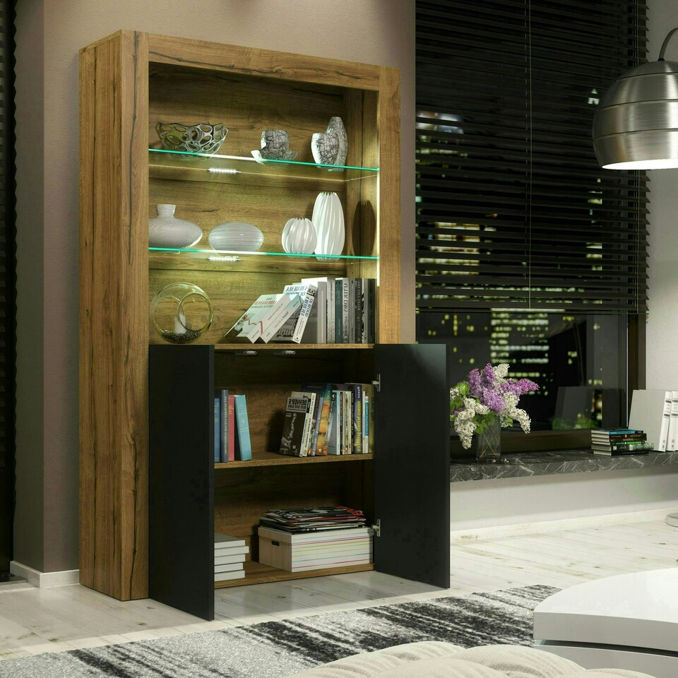 image 1 of Oak Display Cabinet 100cm Matt Finish Free LED Modern Tall Storage Unit Multi | Oak & Black