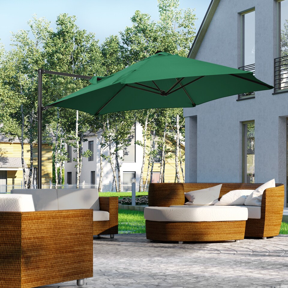 image 1 of Outsunny 2.5M Garden Cantilever Parasol, Offset Roma Patio Umbrella Hanging Sun Shade Canopy Shelter with 360 Rotation and Cross Base, Green