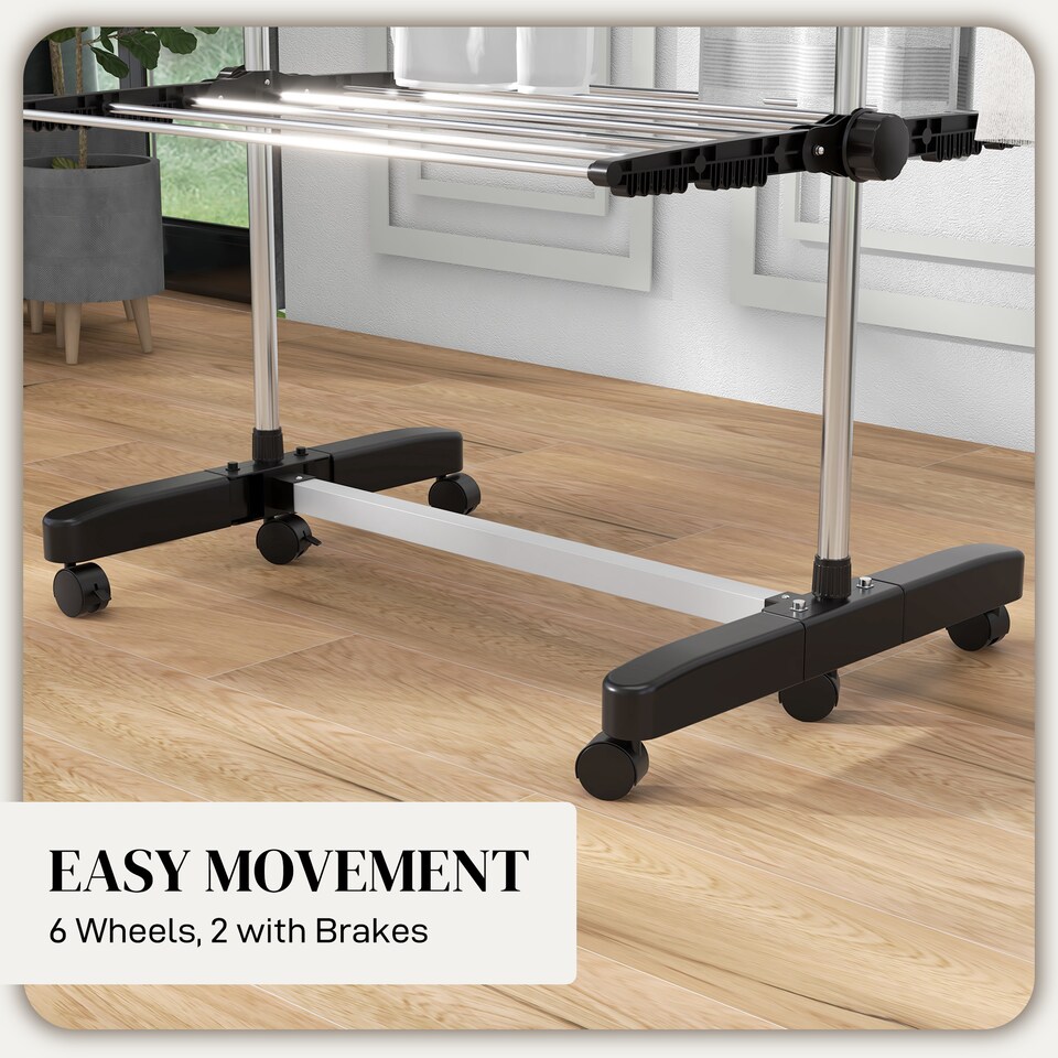 image 1 of HOMCOM 4-Tier Clothes Airer, Stainless Steel Foldable Clothes Drying Rack with Wheels and Wings, Indoor and Outdoor, Easy Assembly, 142 x 55 x 172cm, Black