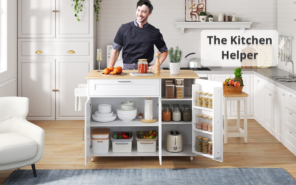 image 1 of VILUXE Mobile Kitchen Island with Foldable Worktop, Drawer, Adjustable Cabinets, 3 Door Spice Racks, Towel Rail and 5 Wheels, White and Natural Wood