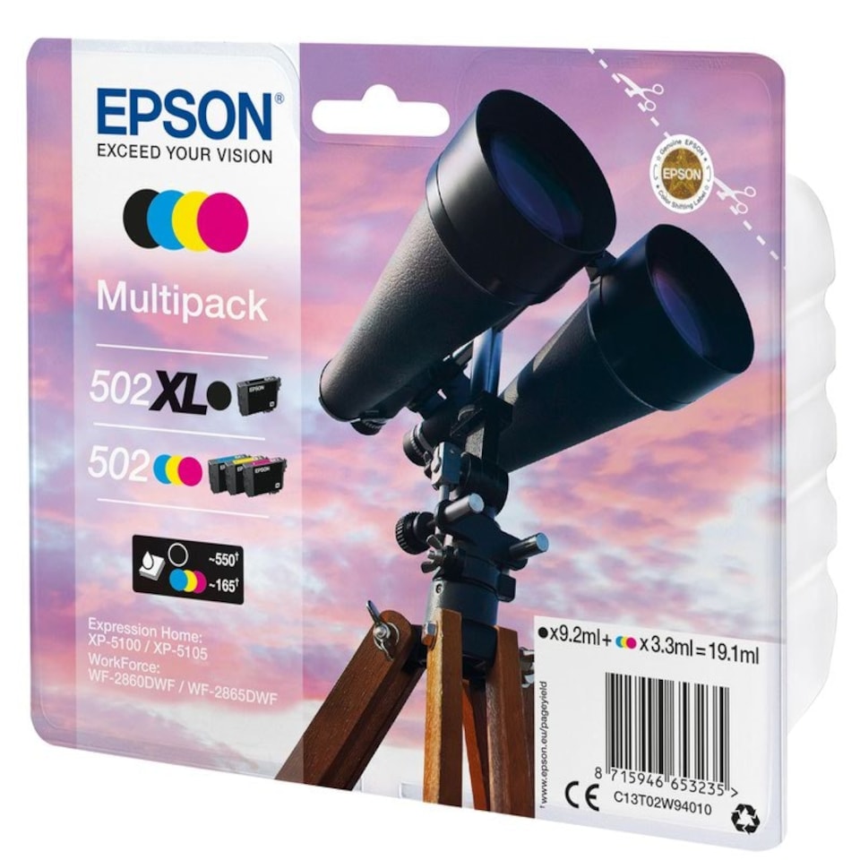 Epson 502XL Binoculars Black Cyan Magenta Yellow Ink Cartridge Multipack 9.2ml + 3 x 3.3ml (Pack 4) - C13T02W94010 N/A