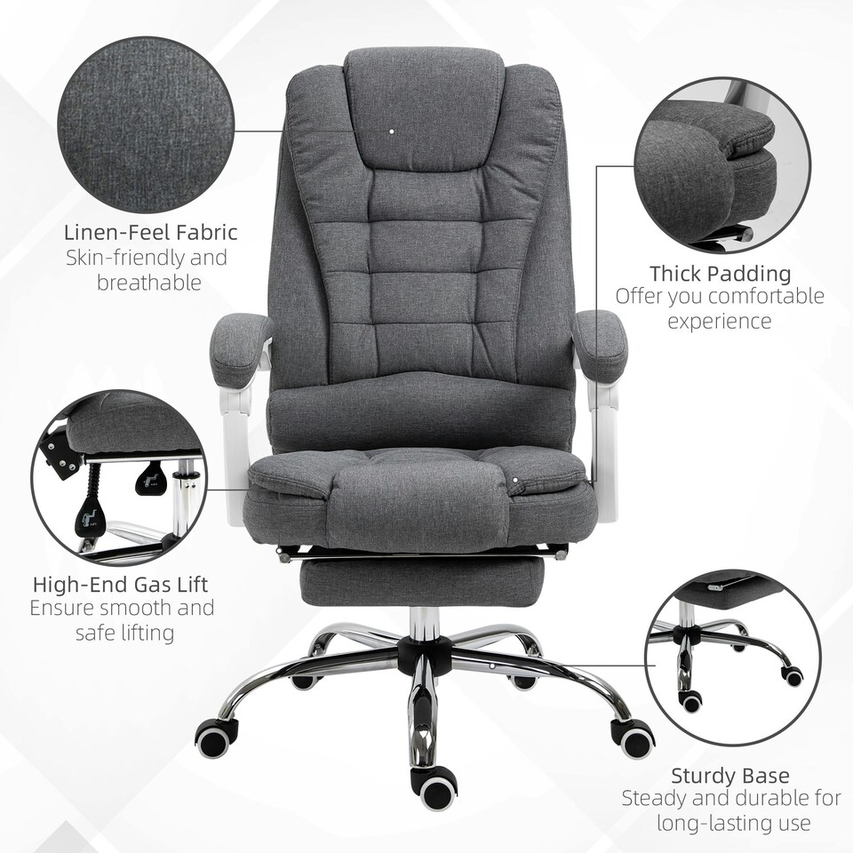 image 1 of Vinsetto Computer Office Chair Home Swivel Task Recliner w/ Footrest, Arm, Grey