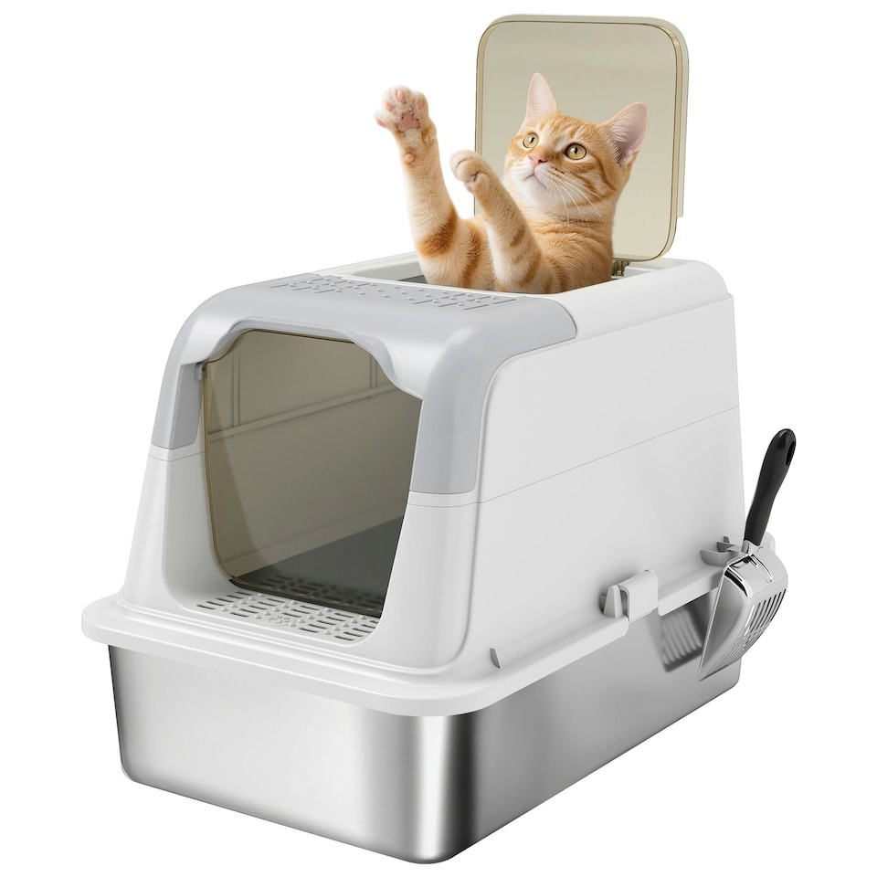 image 1 of PawHut Stainless Steel Litter Box, Enclosed Metal Litter Tray with Scoop