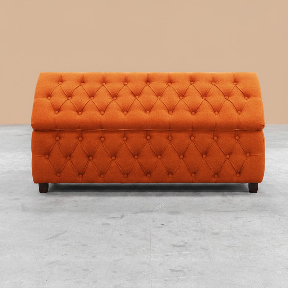 image 1 of 90cm Riga Ottoman Storage Box with Wooden Legs, Burnt Orange Velvet Upholstered Chesterfield Storage Ottoman Box