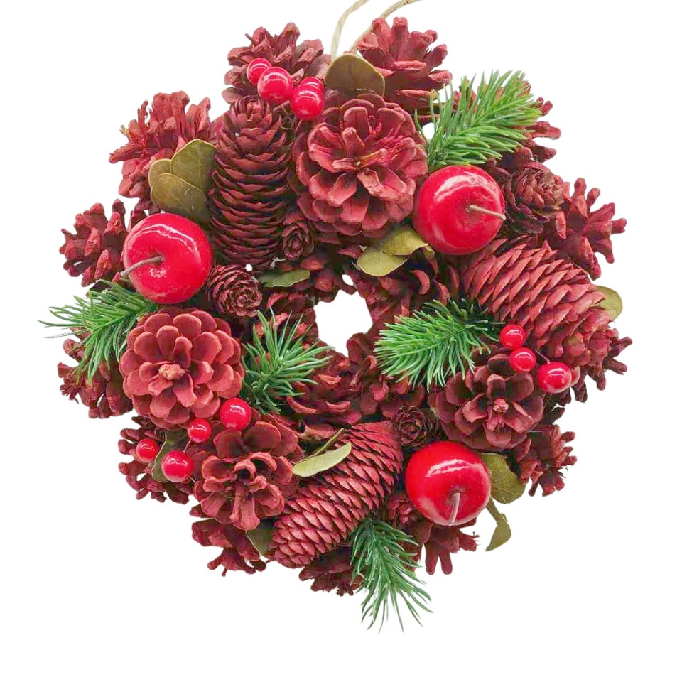 image 1 of Christmas Wreath Festive Decoration with Jute Hanger Traditional Pinecone Decor | Multi | Red, Apple & Berry | 25cm | 1