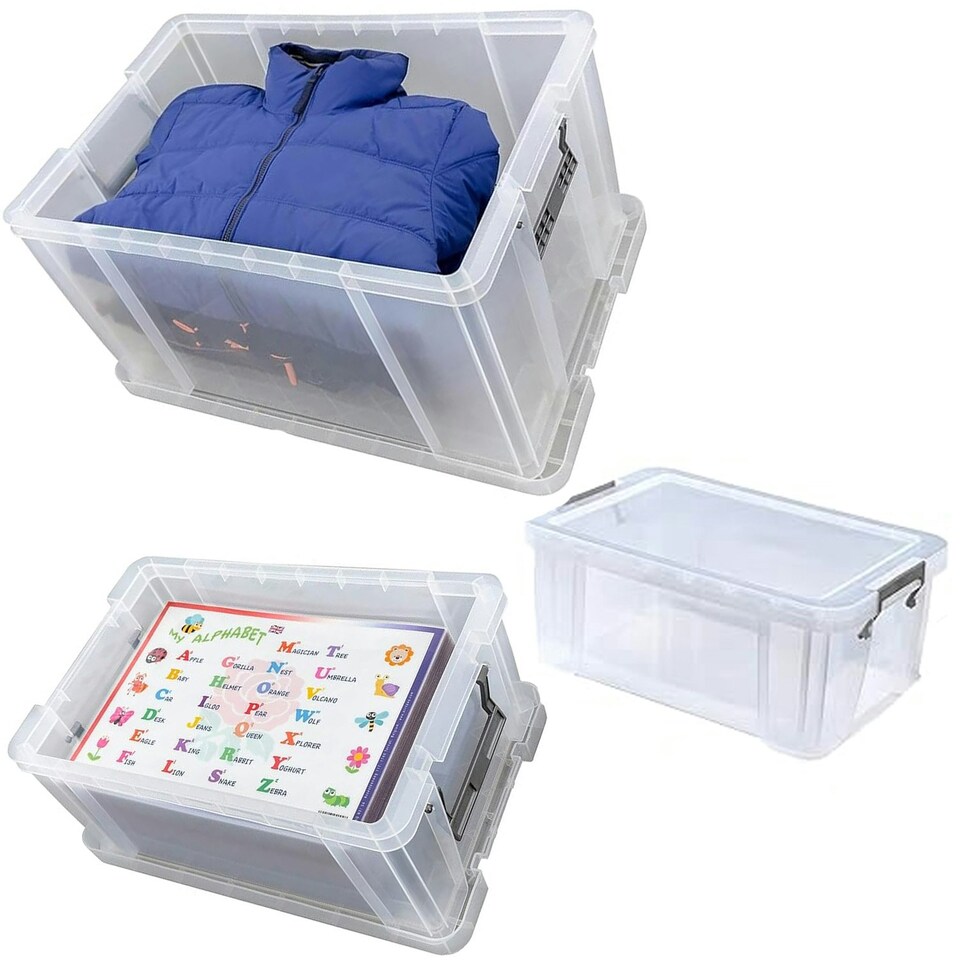 image 1 of 3 x 24 Litres Multipurpose Strong Reinforced Clear Snap Closure Storage Containers With Lids & Handles Clear