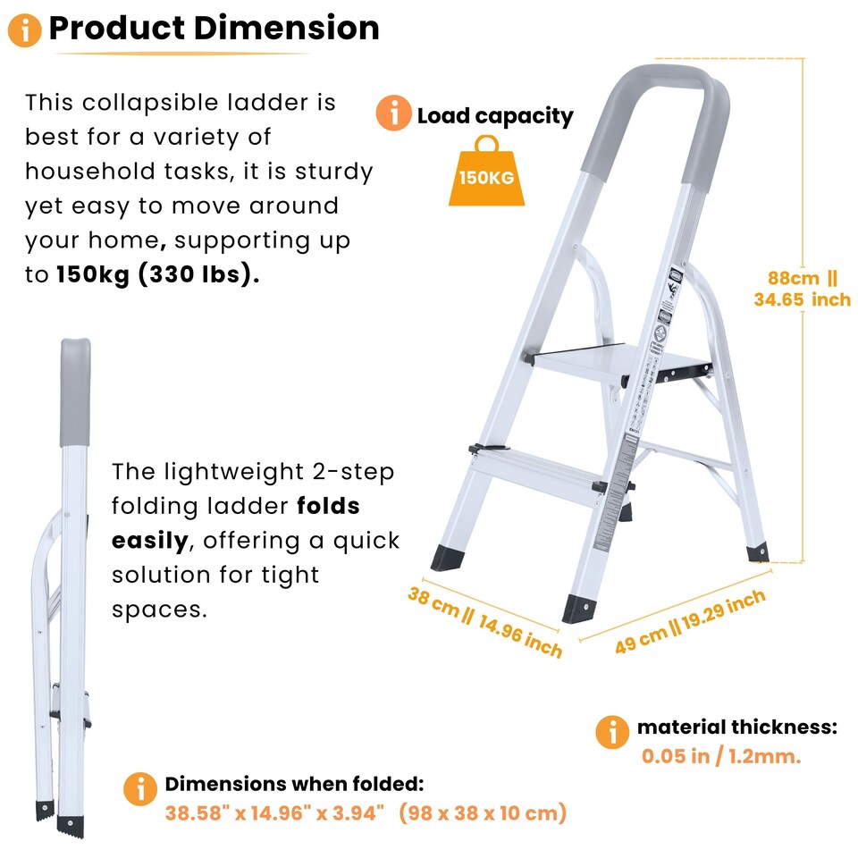 image 1 of Lightweight Step Ladders - Compact Aluminium Stepladder with Non-Slip Wide Step, Portable Silver Color - Tall Folding Ladder with Platform Silver | 2- Step 88cm
