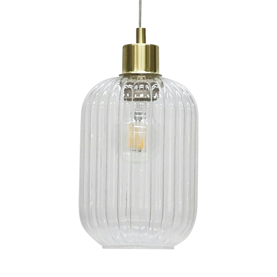 image 1 of First Choice Lighting Set of 2 Batley Clear Ribbed Glass with Satin Brass Pendant Fittings Bronze | Clear