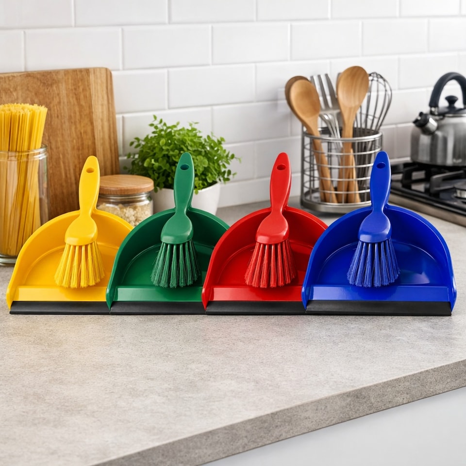 image 1 of Colour Coded Dustpan and Brush Sets Wide Plastic Dustpan with Rubber Lip and Soft Bristle Brush