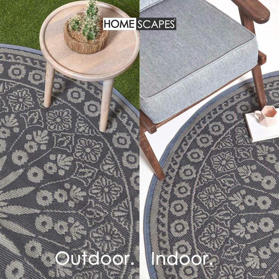 image 1 of Homescapes Outdoor Rug Luxury Waterproof Reversible, For Garden, Round Mandala | Black | Black