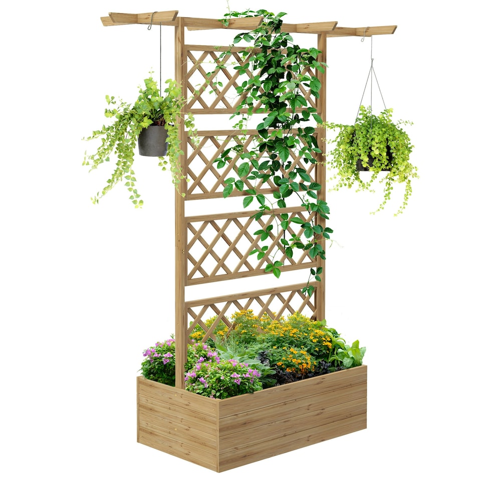 image 1 of Outsunny Wooden Trellis Planter, Raised Garden Bed for Climbing Plants, Natural