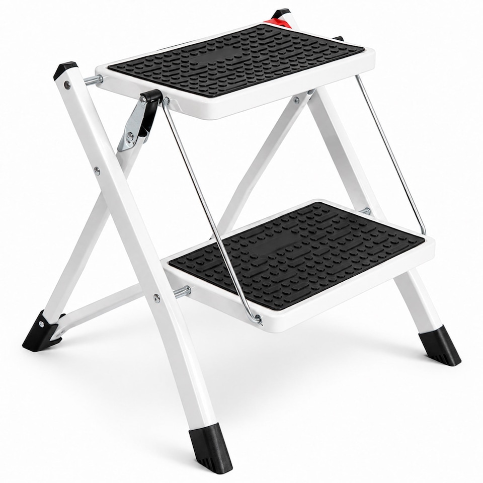 image 1 of Folding Portable 2 Step Stool Non Slip Tread Safety Steel Stepladder | White