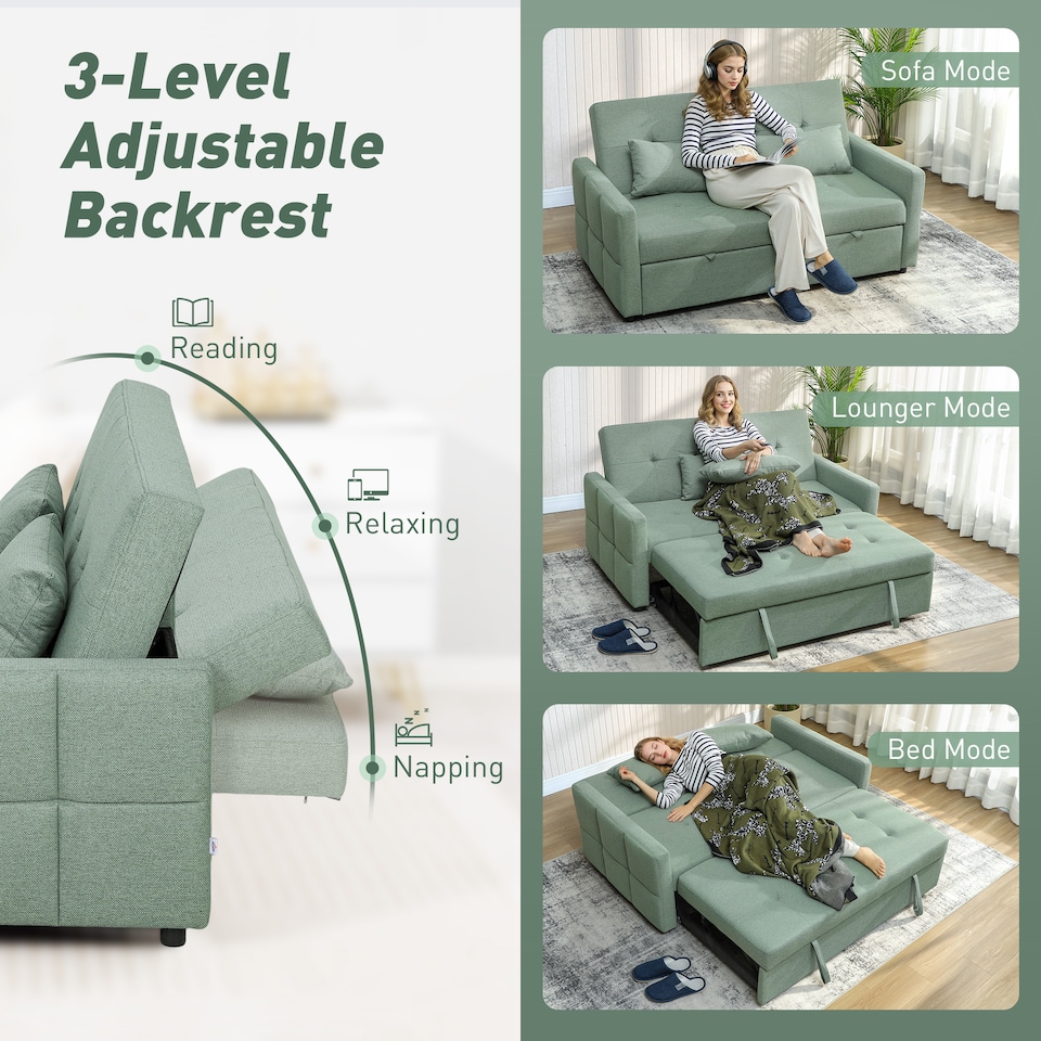 image 1 of HOMCOM 2 Seater Sofa Bed, Convertible Pull Out Bed Settee, Light Green