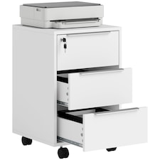 HOMCOM 3-Drawer Lockable Filing Cabinet, File Cabinet on Wheels, Mobile Office Storage Drawers for Home Office, Bedroom and Living Room, White | White | White