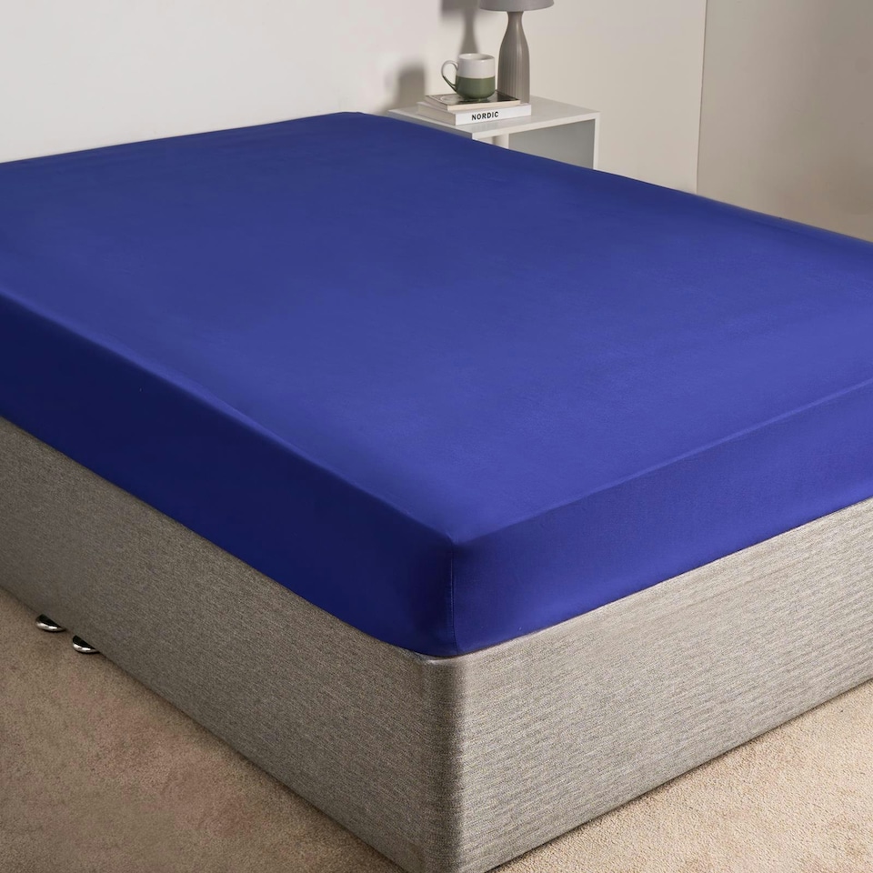 image 1 of OHS Plain Fitted Bed 25cm Deep Elasticated Sheet, Double - Bright Blue