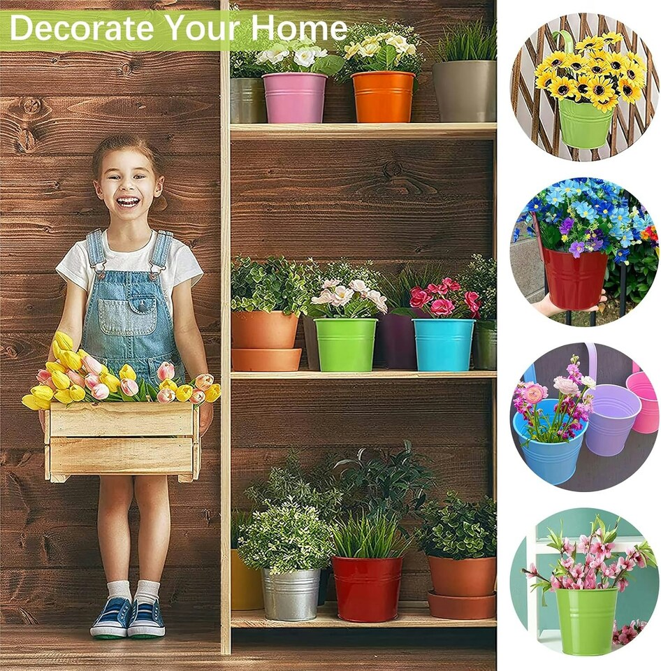 image 1 of Large Metal Flower Pot Vase Bucket Hanging Garden Planter without Drainage Hole, Balcony Home Decor, Detachable Hook | Multi