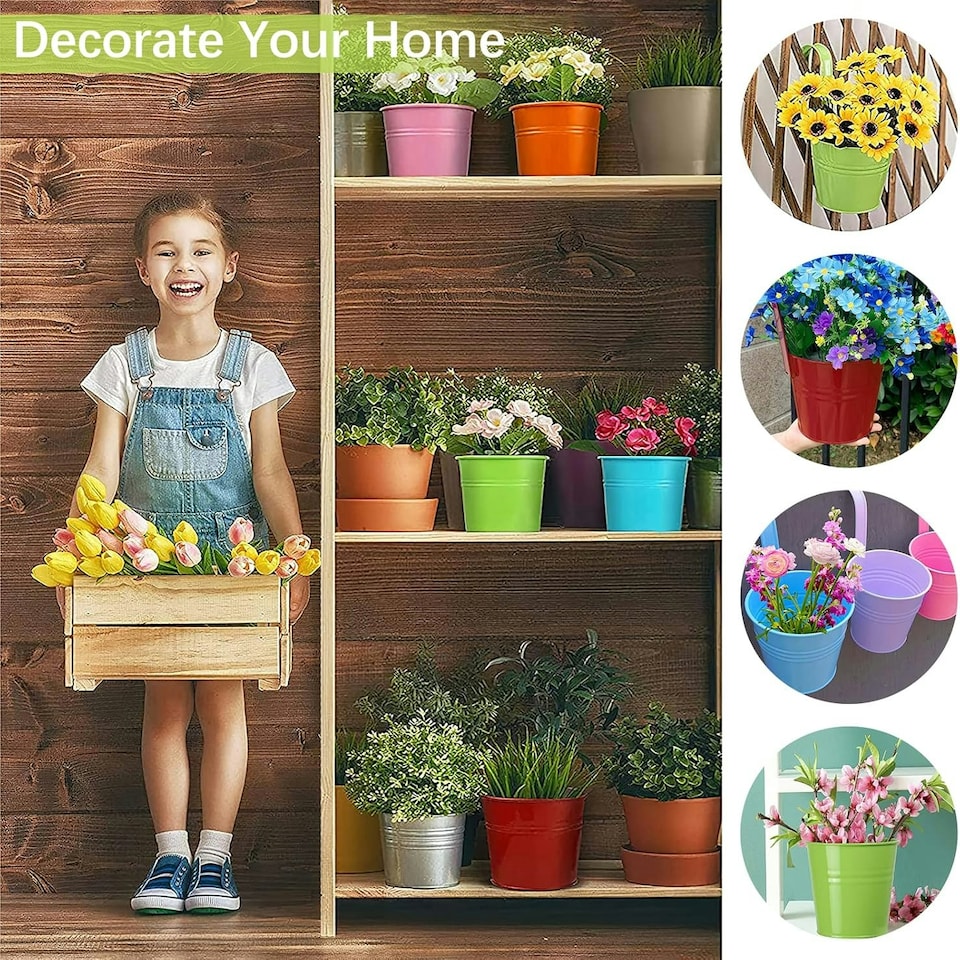 image 1 of Large Metal Flower Pot Vase Bucket Hanging Garden Planter without Drainage Hole, Balcony Home Decor, Detachable Hook Multi