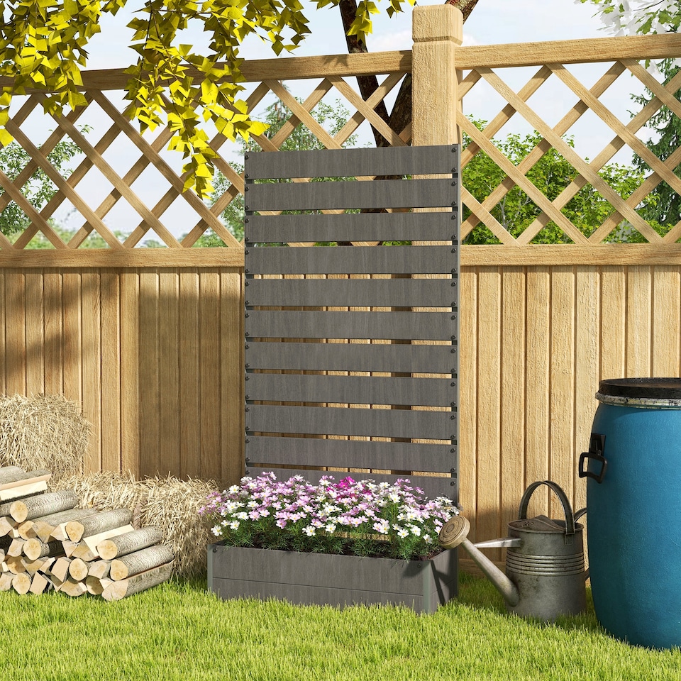 image 1 of Outsunny Raised Garden Bed with Trellis Standing Patio Planter Box Dark Grey | Grey | Dark Grey