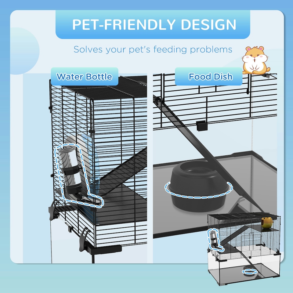 image 1 of PawHut 3 Tiers Hamster Cage w/ Deep Glass Bottom, Dish, Hut, 60 x 40 x 54.5cm