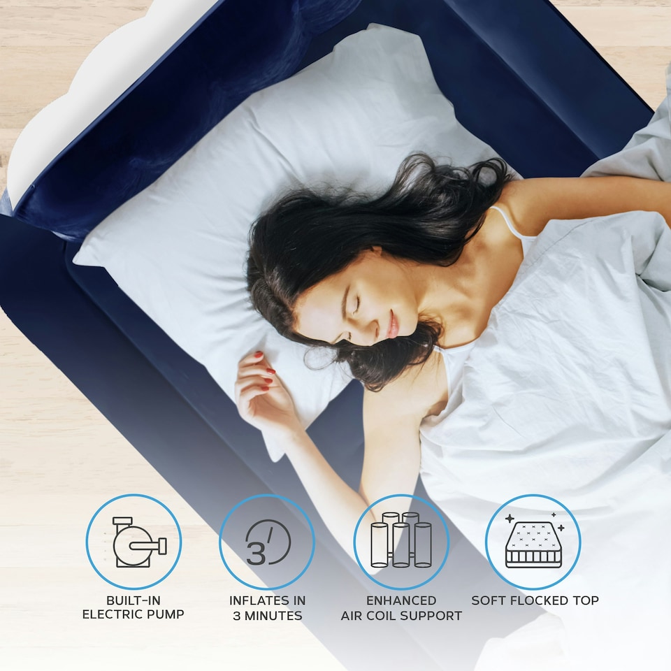 image 1 of Get Fit Air Bed With Built In Electric Pump - Premium Single Airbed - Quick Blow Up Bed With Headboard & Inflatable Pillow - Elevated Air Mattress- White/ Navy